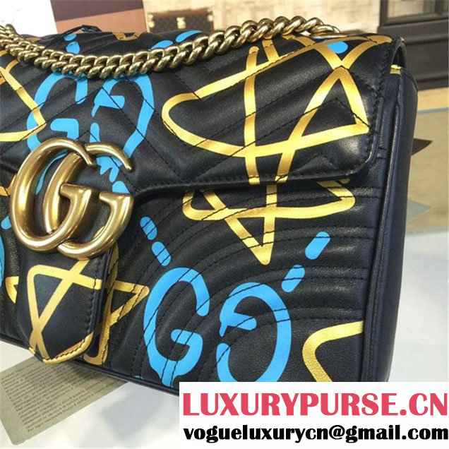 Gucci x GucciGhost Graffiti Print Alessandro Michele Marmont Matelassé Large Shoulder Bag Fall Winter 2016 Collection Black Blue Gold