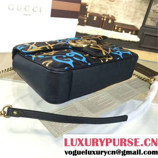 Gucci x GucciGhost Graffiti Print Alessandro Michele Marmont Matelassé Large Shoulder Bag Fall Winter 2016 Collection Black Blue Gold