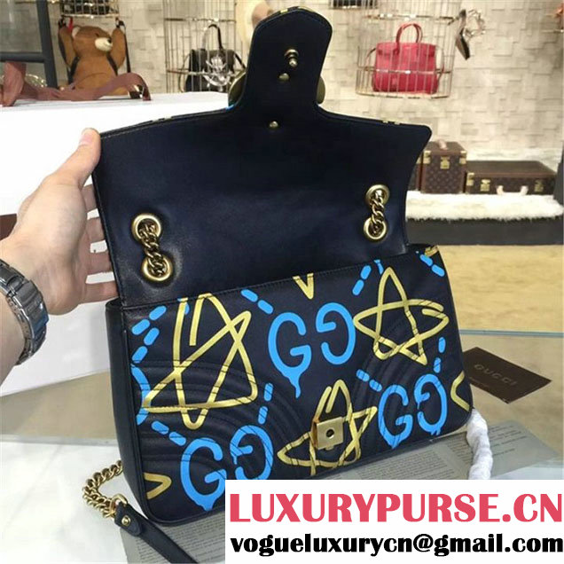 Gucci x GucciGhost Graffiti Print Alessandro Michele Marmont Matelassé Large Shoulder Bag Fall Winter 2016 Collection Black Blue Gold