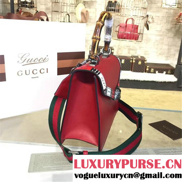 Gucci Lilith Bamboo Top Handle Bag with Printed Snakeskin Detail Medium Shoulder Bag Fall Winter 2016 Collection Hibiscus Red