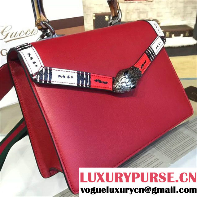 Gucci Lilith Bamboo Top Handle Bag with Printed Snakeskin Detail Medium Shoulder Bag Fall Winter 2016 Collection Hibiscus Red