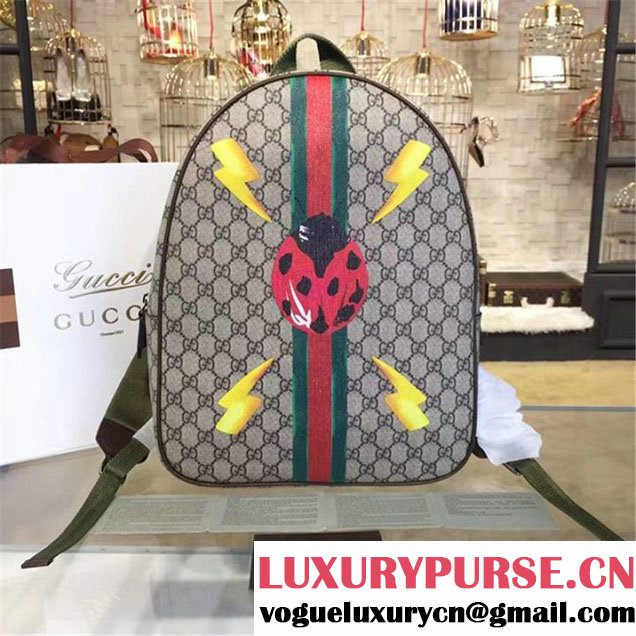 Gucci 'GG' Canvas Ladybug Backpack Original Leather Fall Winter 2016 Collection Beige & Brown