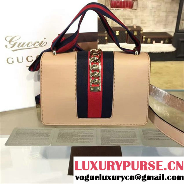 Gucci Sylvie Chain-Embellished Leather Medium Shoulder Bag Calfskin Leather Fall Winter 2016 Collection Beige