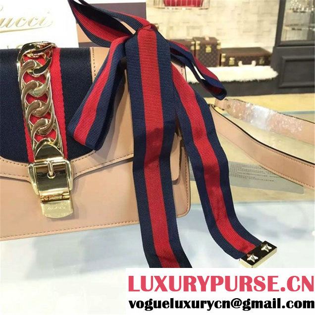 Gucci Sylvie Chain-Embellished Leather Medium Shoulder Bag Calfskin Leather Fall Winter 2016 Collection Beige