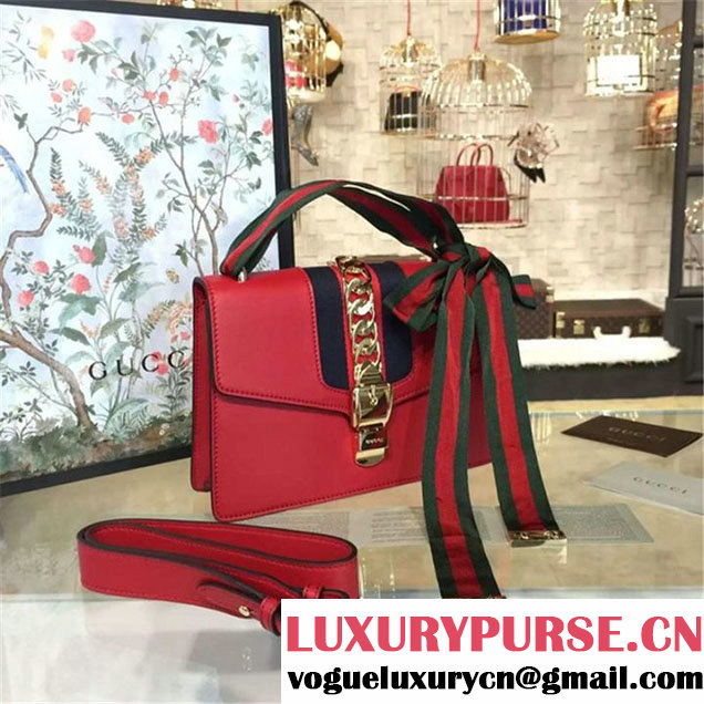 Gucci Sylvie Chain-Embellished Leather Medium Shoulder Bag Calfskin Leather Fall Winter 2016 Collection Red