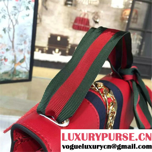 Gucci Sylvie Chain-Embellished Leather Medium Shoulder Bag Calfskin Leather Fall Winter 2016 Collection Red