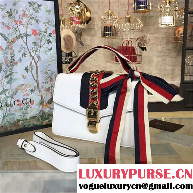 Gucci Sylvie Chain-Embellished Leather Medium Shoulder Bag Calfskin Leather Fall Winter 2016 Collection White
