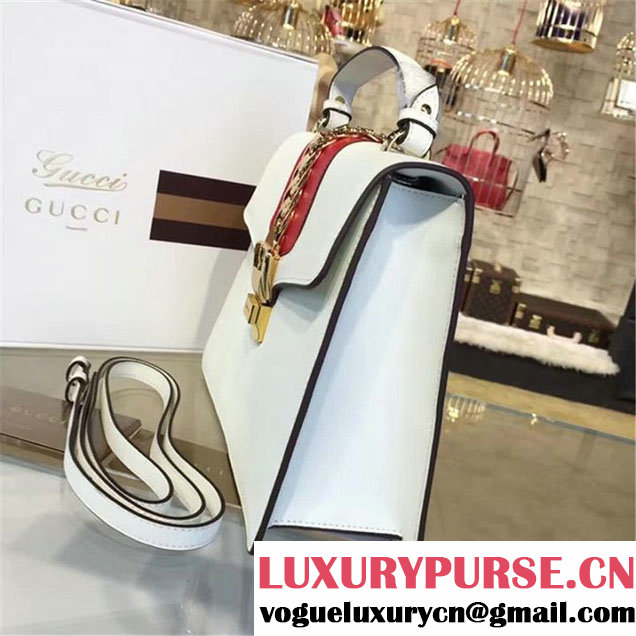 Gucci Sylvie Chain-Embellished Leather Large Shoulder Bag Calfskin Leather Fall Winter 2016 Collection Blanc