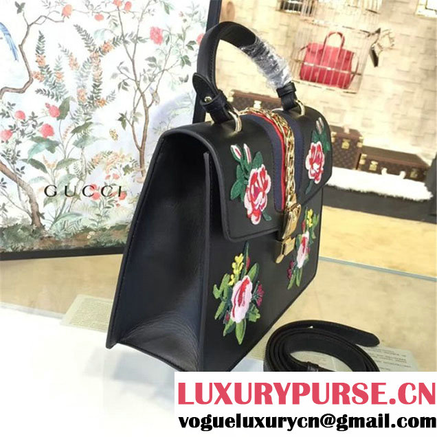 Gucci Sylvie Chain Flower Embroidered Calfskin Leather Large Shoulder Bag Fall Winter 2016 Collection Black
