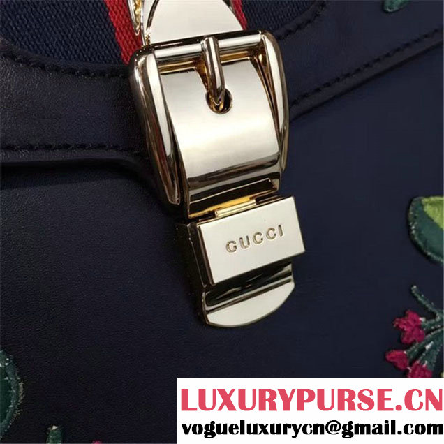 Gucci Sylvie Chain Flower Embroidered Calfskin Leather Large Shoulder Bag Fall Winter 2016 Collection Black