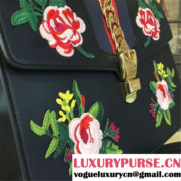 Gucci Sylvie Chain Flower Embroidered Calfskin Leather Large Shoulder Bag Fall Winter 2016 Collection Black