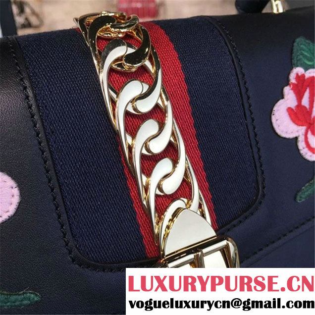 Gucci Sylvie Chain Flower Embroidered Calfskin Leather Large Shoulder Bag Fall Winter 2016 Collection Black