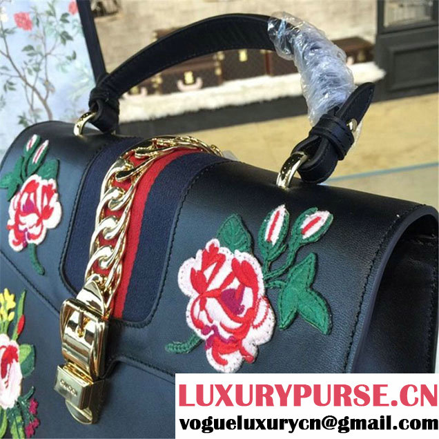 Gucci Sylvie Chain Flower Embroidered Calfskin Leather Large Shoulder Bag Fall Winter 2016 Collection Black