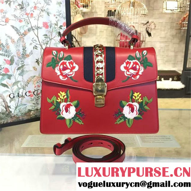 Gucci Sylvie Chain Flower Embroidered Calfskin Leather Large Shoulder Bag Fall Winter 2016 Collection Hibiscus Red