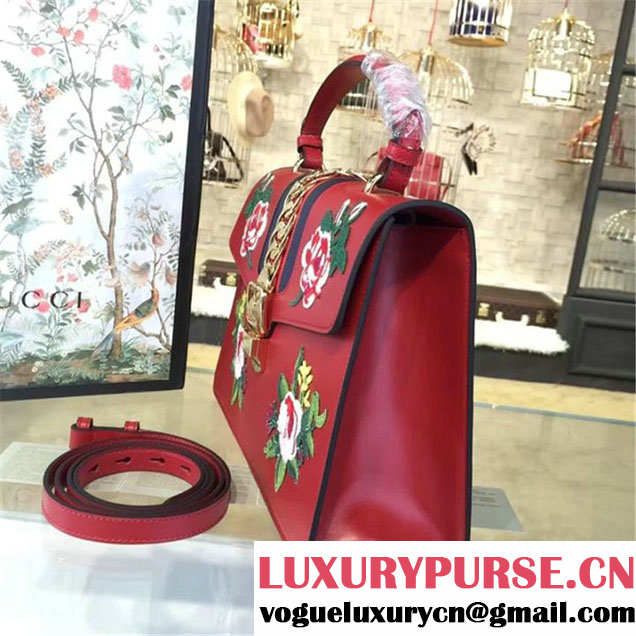 Gucci Sylvie Chain Flower Embroidered Calfskin Leather Large Shoulder Bag Fall Winter 2016 Collection Hibiscus Red