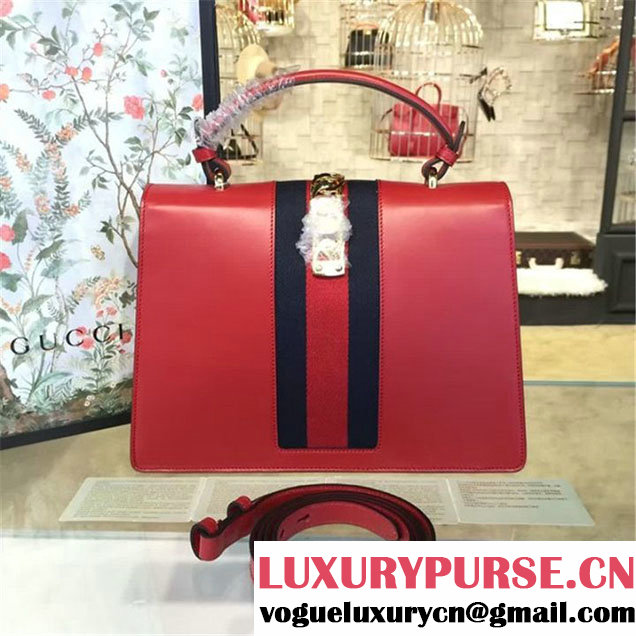 Gucci Sylvie Chain Flower Embroidered Calfskin Leather Large Shoulder Bag Fall Winter 2016 Collection Hibiscus Red
