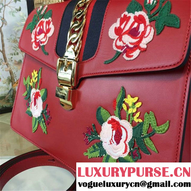 Gucci Sylvie Chain Flower Embroidered Calfskin Leather Large Shoulder Bag Fall Winter 2016 Collection Hibiscus Red
