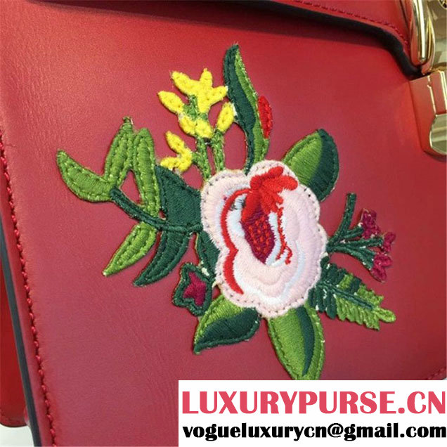 Gucci Sylvie Chain Flower Embroidered Calfskin Leather Large Shoulder Bag Fall Winter 2016 Collection Hibiscus Red