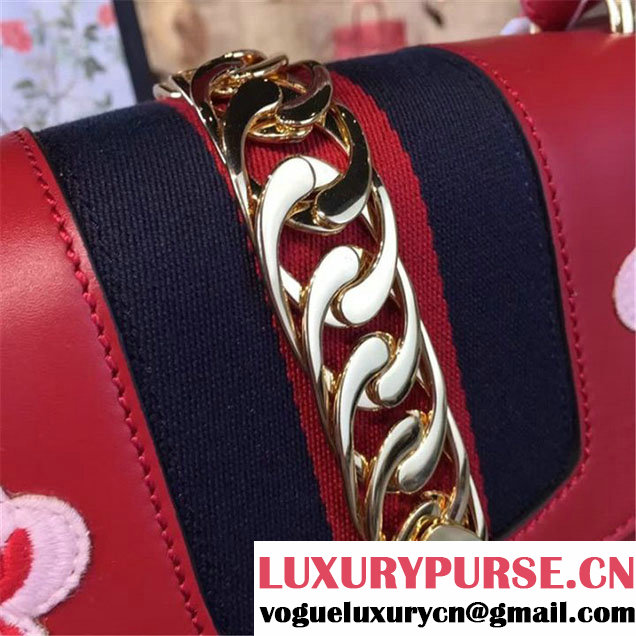 Gucci Sylvie Chain Flower Embroidered Calfskin Leather Large Shoulder Bag Fall Winter 2016 Collection Hibiscus Red