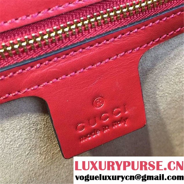 Gucci Sylvie Chain Flower Embroidered Calfskin Leather Large Shoulder Bag Fall Winter 2016 Collection Hibiscus Red