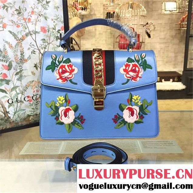 Gucci Sylvie Chain Flower Embroidered Calfskin Leather Large Shoulder Bag Fall Winter 2016 Collection Sky Blue