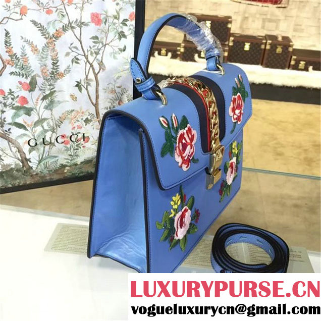 Gucci Sylvie Chain Flower Embroidered Calfskin Leather Large Shoulder Bag Fall Winter 2016 Collection Sky Blue
