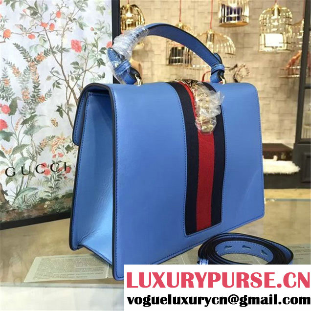 Gucci Sylvie Chain Flower Embroidered Calfskin Leather Large Shoulder Bag Fall Winter 2016 Collection Sky Blue