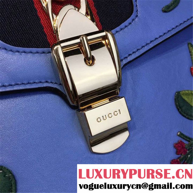 Gucci Sylvie Chain Flower Embroidered Calfskin Leather Large Shoulder Bag Fall Winter 2016 Collection Sky Blue