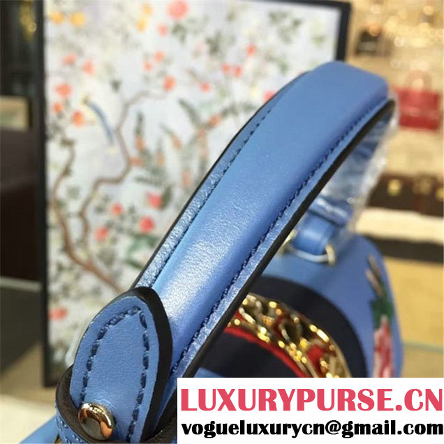 Gucci Sylvie Chain Flower Embroidered Calfskin Leather Large Shoulder Bag Fall Winter 2016 Collection Sky Blue