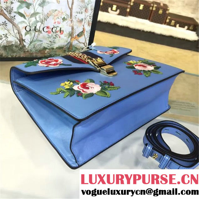 Gucci Sylvie Chain Flower Embroidered Calfskin Leather Large Shoulder Bag Fall Winter 2016 Collection Sky Blue