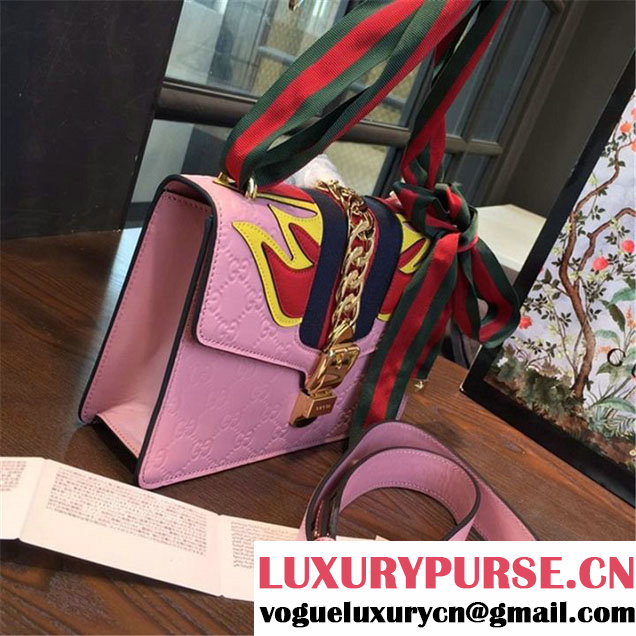 Gucci "Flame" Sylvie Chain-Embellished Embossed Calfskin Leather Medium Shoulder Bag Calfskin Leather Fall Winter 2016 Collection Pink