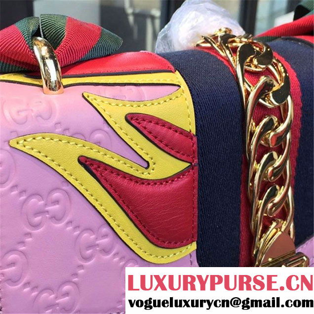 Gucci "Flame" Sylvie Chain-Embellished Embossed Calfskin Leather Medium Shoulder Bag Calfskin Leather Fall Winter 2016 Collection Pink