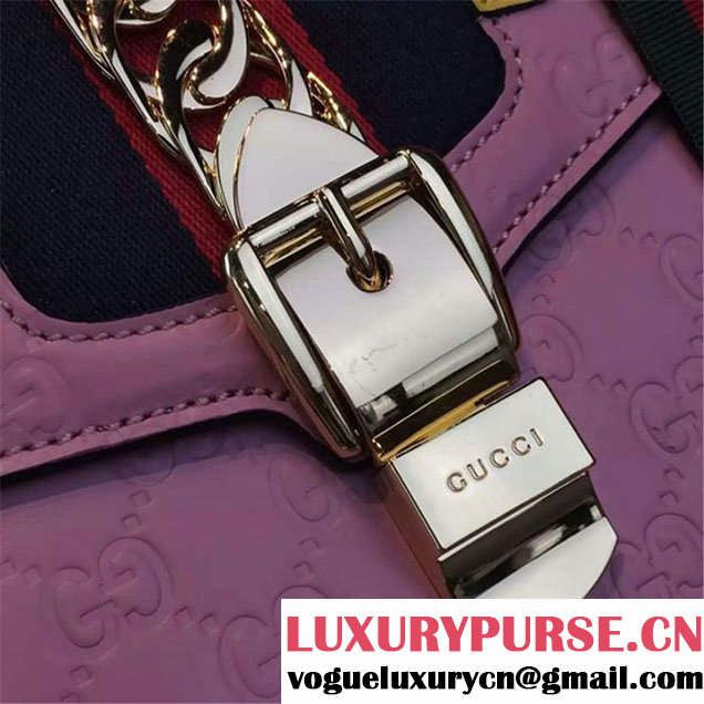 Gucci "Flame" Sylvie Chain-Embellished Embossed Calfskin Leather Medium Shoulder Bag Calfskin Leather Fall Winter 2016 Collection Pink