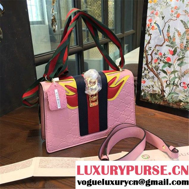 Gucci "Flame" Sylvie Chain-Embellished Embossed Calfskin Leather Medium Shoulder Bag Calfskin Leather Fall Winter 2016 Collection Pink