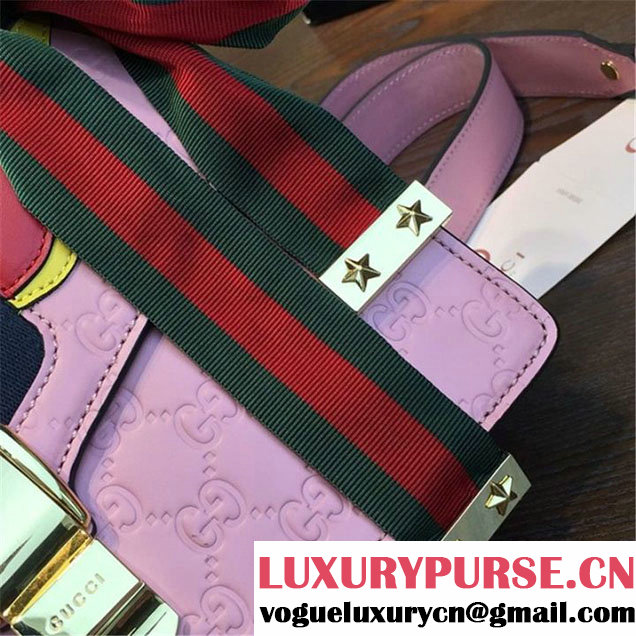Gucci "Flame" Sylvie Chain-Embellished Embossed Calfskin Leather Medium Shoulder Bag Calfskin Leather Fall Winter 2016 Collection Pink