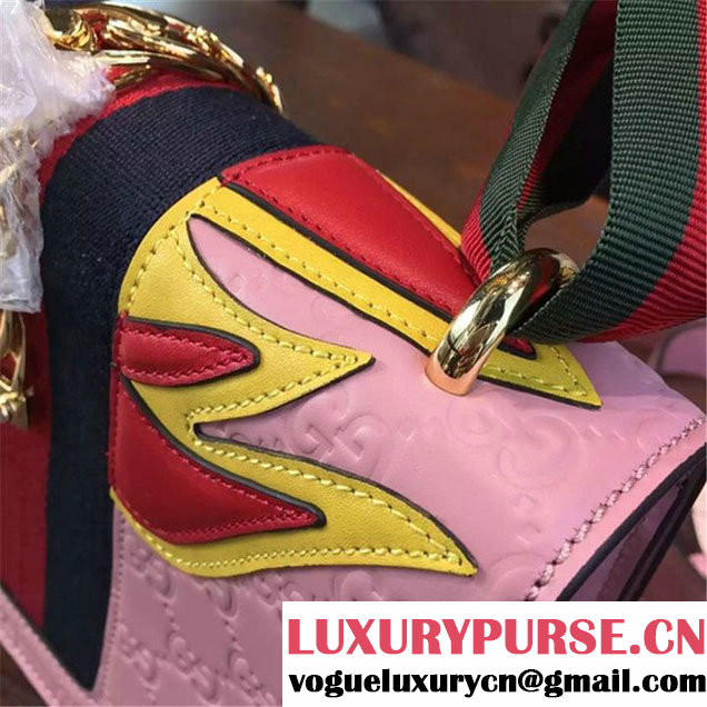 Gucci "Flame" Sylvie Chain-Embellished Embossed Calfskin Leather Medium Shoulder Bag Calfskin Leather Fall Winter 2016 Collection Pink