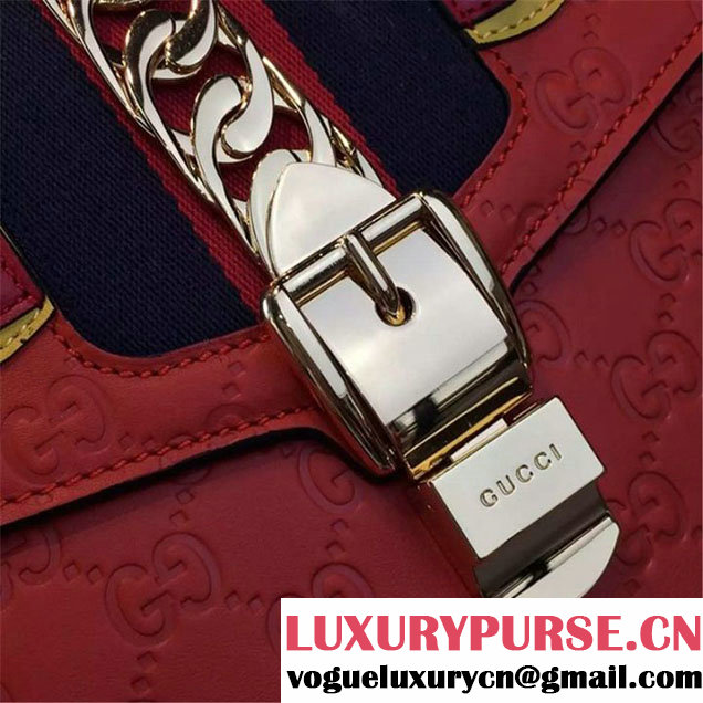 Gucci "Flame" Sylvie Chain-Embellished Embossed Calfskin Leather Medium Shoulder Bag Calfskin Leather Fall Winter 2016 Collection Red