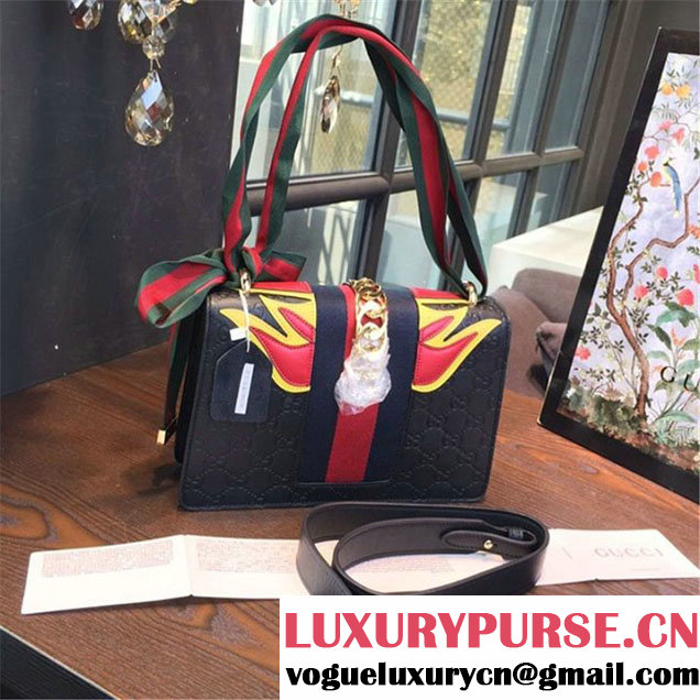 Gucci "Flame" Sylvie Chain-Embellished Embossed Calfskin Leather Medium Shoulder Bag Calfskin Leather Fall Winter 2016 Collection Black