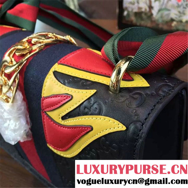 Gucci "Flame" Sylvie Chain-Embellished Embossed Calfskin Leather Medium Shoulder Bag Calfskin Leather Fall Winter 2016 Collection Black