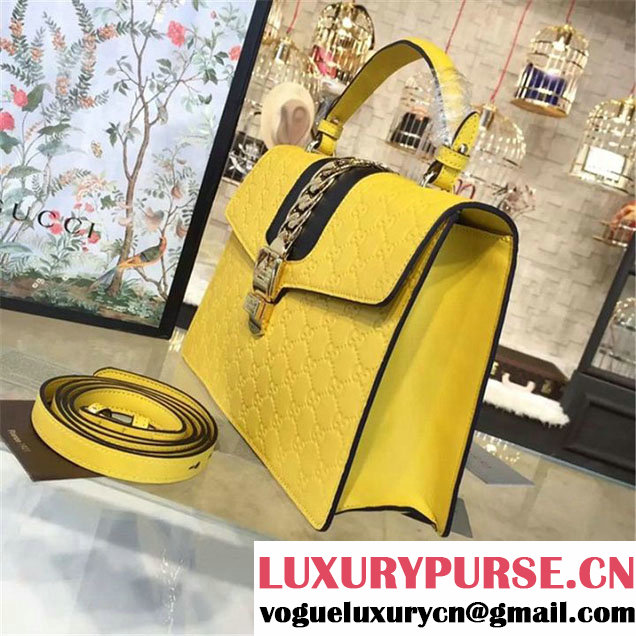 Gucci "Flame" Sylvie Chain-Embellished Embossed Calfskin Leather Large Shoulder Bag Calfskin Leather Fall Winter 2016 Collection Yellow