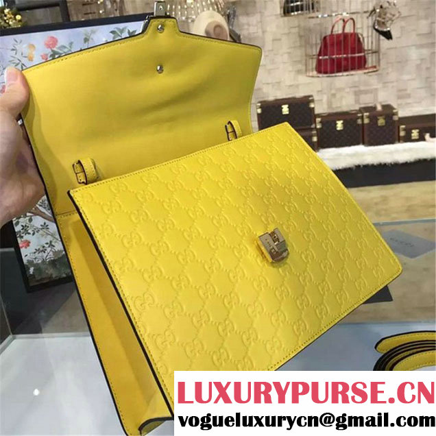 Gucci "Flame" Sylvie Chain-Embellished Embossed Calfskin Leather Large Shoulder Bag Calfskin Leather Fall Winter 2016 Collection Yellow