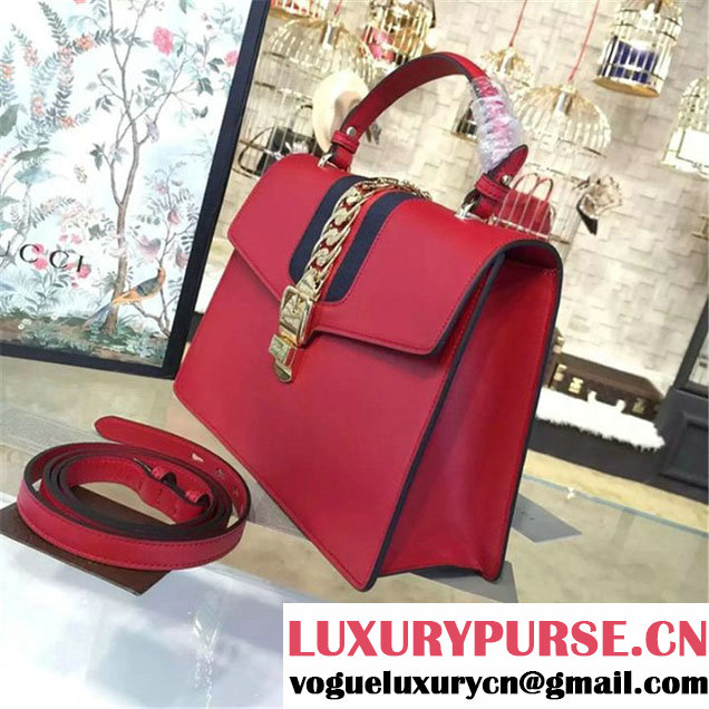 Gucci Sylvie Chain-Embellished Leather Large Shoulder Bag Calfskin Leather Fall Winter 2016 Collection Red