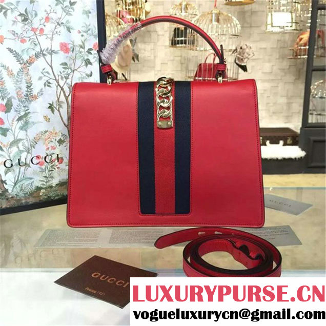 Gucci Sylvie Chain-Embellished Leather Large Shoulder Bag Calfskin Leather Fall Winter 2016 Collection Red