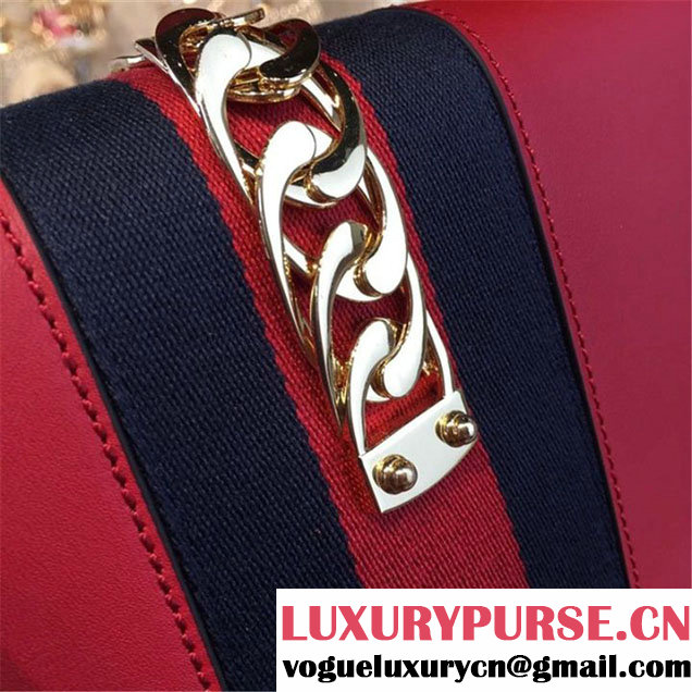 Gucci Sylvie Chain-Embellished Leather Large Shoulder Bag Calfskin Leather Fall Winter 2016 Collection Red