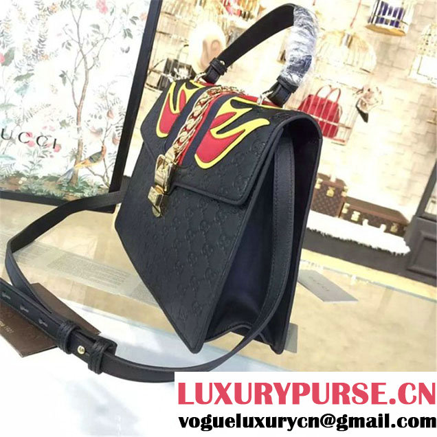 Gucci "Flame" Sylvie Chain-Embellished Embossed Calfskin Leather Large Shoulder Bag Calfskin Leather Fall Winter 2016 Collection Black