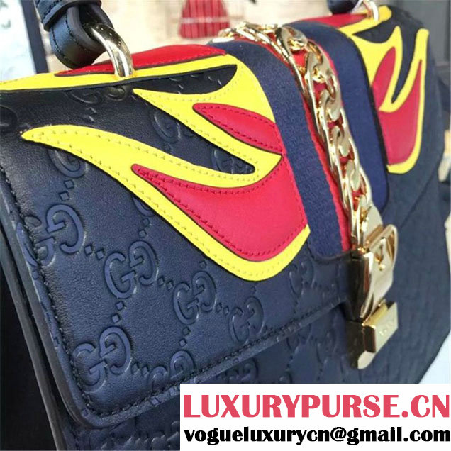 Gucci "Flame" Sylvie Chain-Embellished Embossed Calfskin Leather Large Shoulder Bag Calfskin Leather Fall Winter 2016 Collection Black