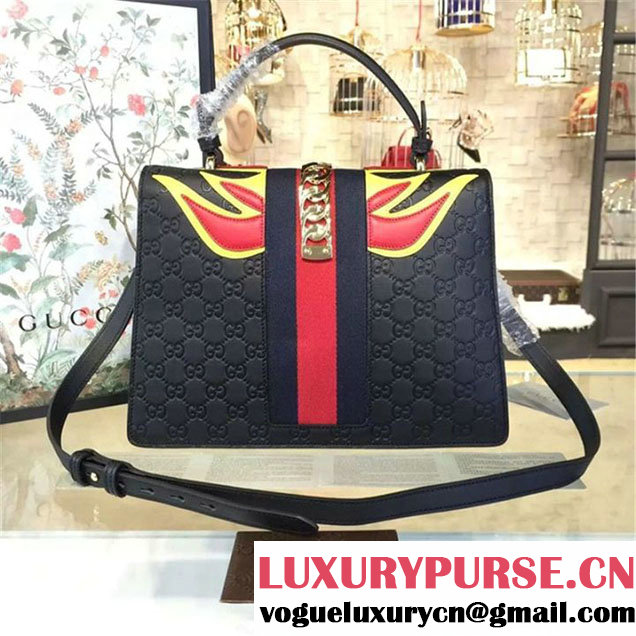 Gucci "Flame" Sylvie Chain-Embellished Embossed Calfskin Leather Large Shoulder Bag Calfskin Leather Fall Winter 2016 Collection Black