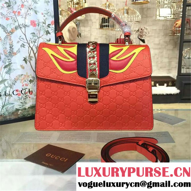 Gucci "Flame" Sylvie Chain-Embellished Embossed Calfskin Leather Large Shoulder Bag Calfskin Leather Fall Winter 2016 Collection Red