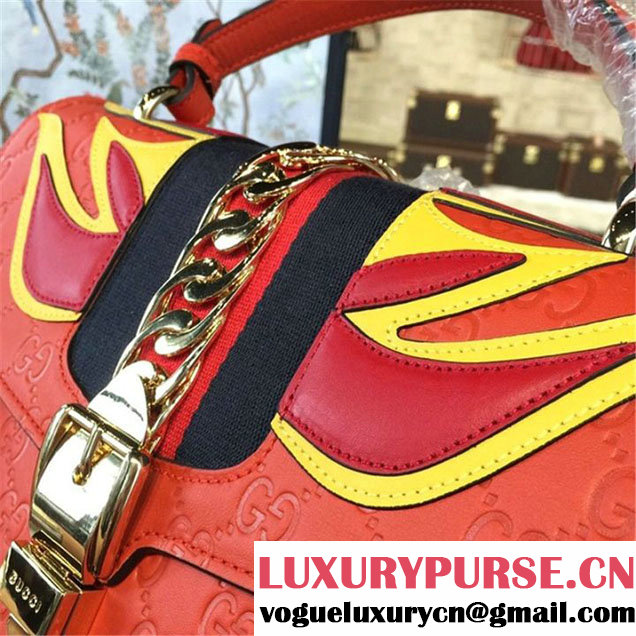 Gucci "Flame" Sylvie Chain-Embellished Embossed Calfskin Leather Large Shoulder Bag Calfskin Leather Fall Winter 2016 Collection Red