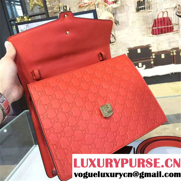 Gucci "Flame" Sylvie Chain-Embellished Embossed Calfskin Leather Large Shoulder Bag Calfskin Leather Fall Winter 2016 Collection Red